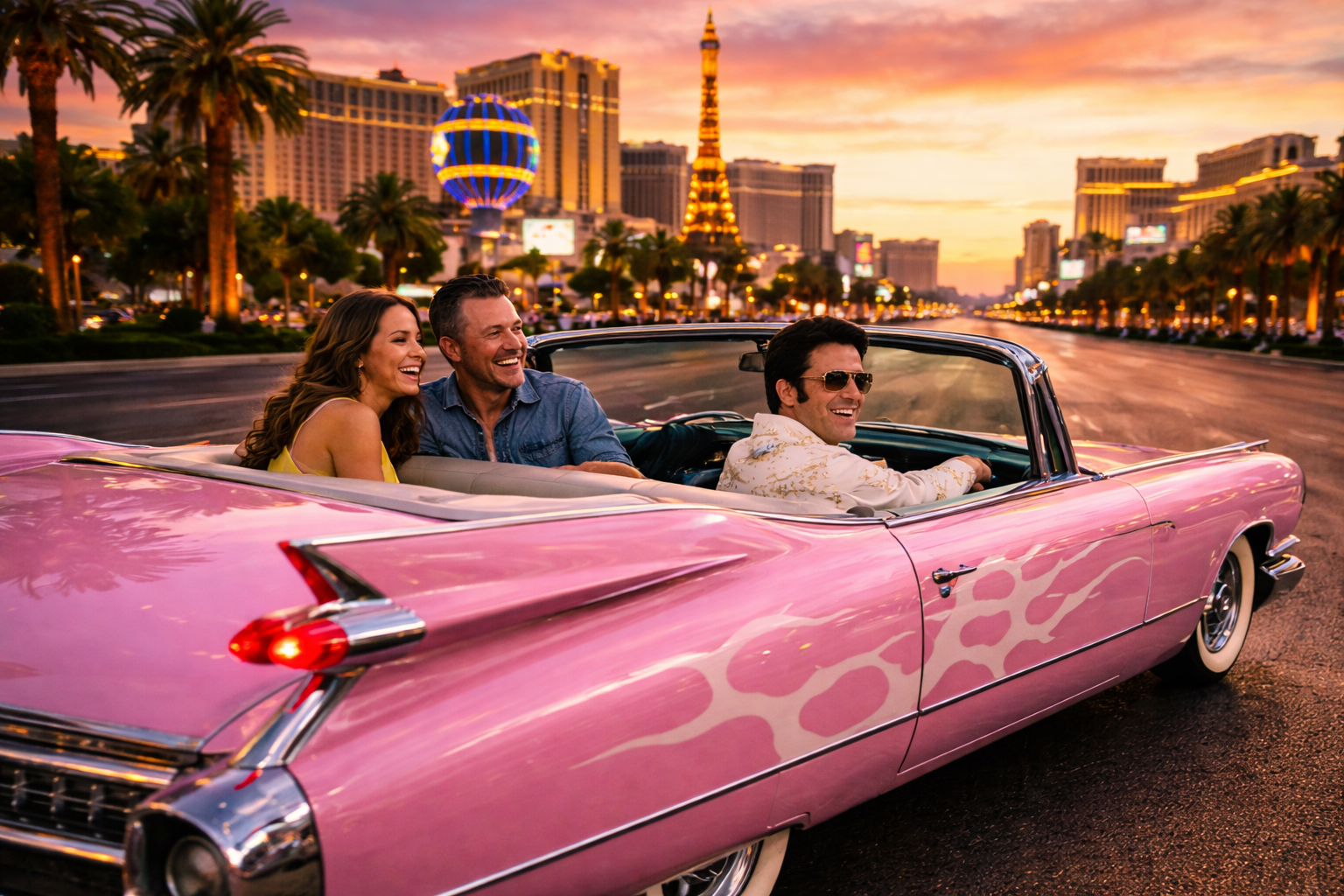 Couple enjoying a Las Vegas Pink Cadillac tour with Elvis on the Las Vegas Strip in an authentic 1960 Pink Cadillac convertible.