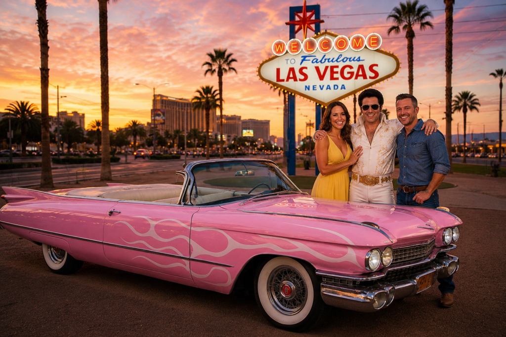 Elvis standing with a couple beside a pink Cadillac at the Welcome to Fabulous Las Vegas sign.