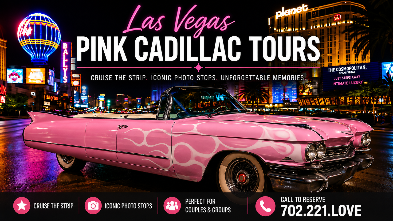 Las Vegas Pink Cadillac Tour on the Las Vegas Strip at night