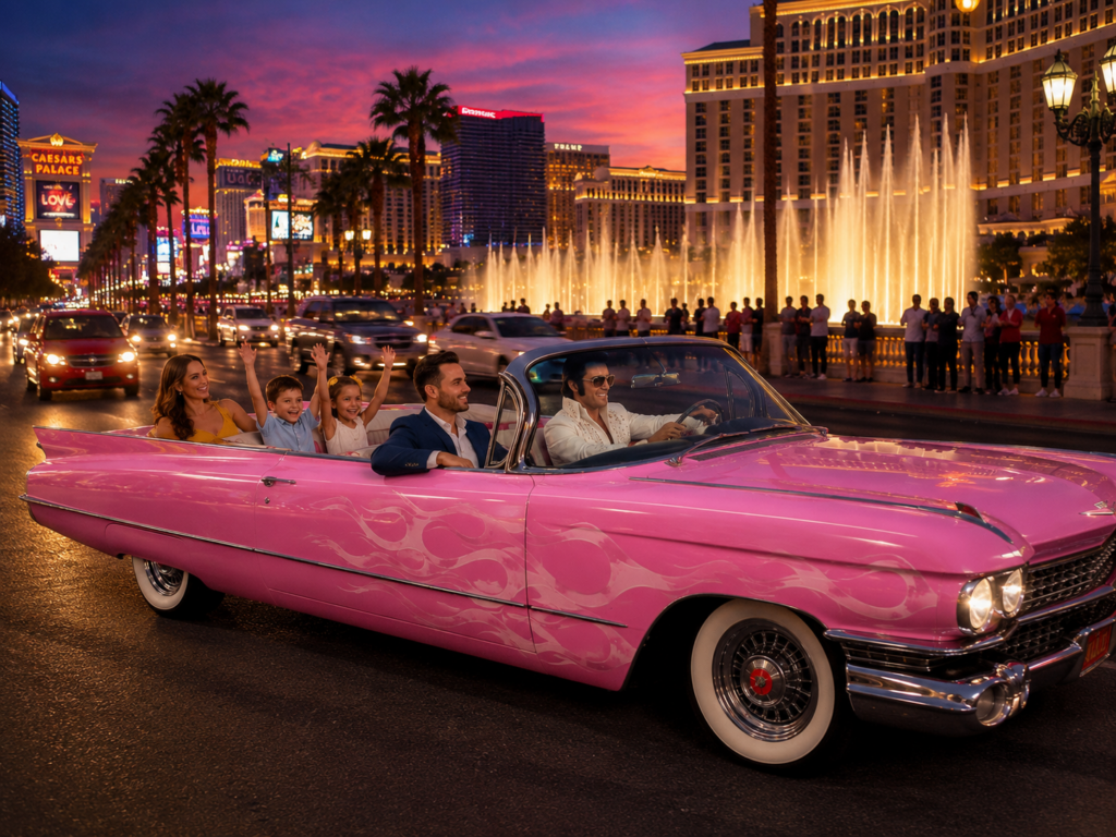 Family enjoying a Pink Cadillac Tour with Elvis driving past the Bellagio Fountains on the Las Vegas Strip.
